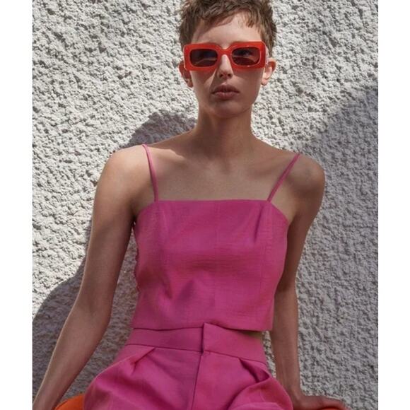 ZARA Flowy Crop Top Square Neck Spaghetti Strap Lace Up Open Back Tank Top Pink - Picture 4 of 14